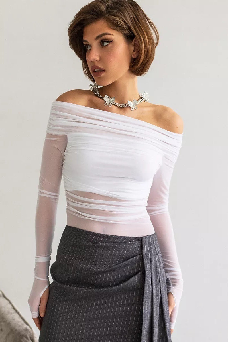 Off Shoulder Sheer Mesh Slim Fit Long Sleeve Tee
