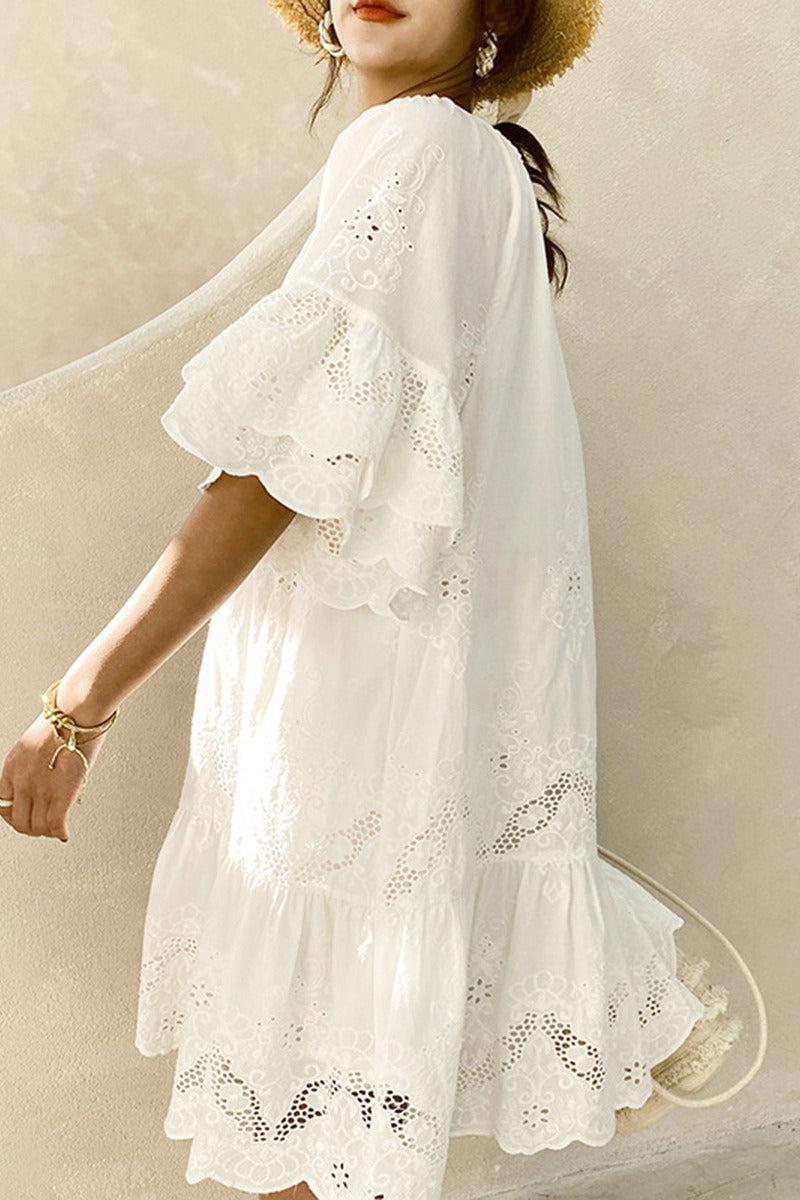 White Cotton Lace Boho Dress
