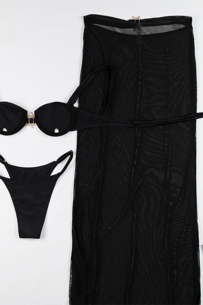 Solid Bra Style Cutout Three Piece Swim Set