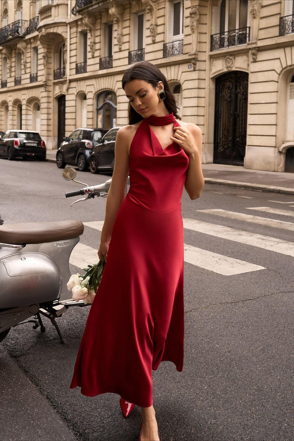 Satén Escote en V Halter Espalda Descubierta Vestido Maxi de Fiesta