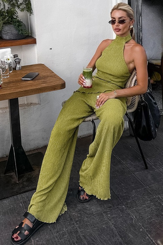 Green Halter Neck Top Pleated Wide Leg Pants Set