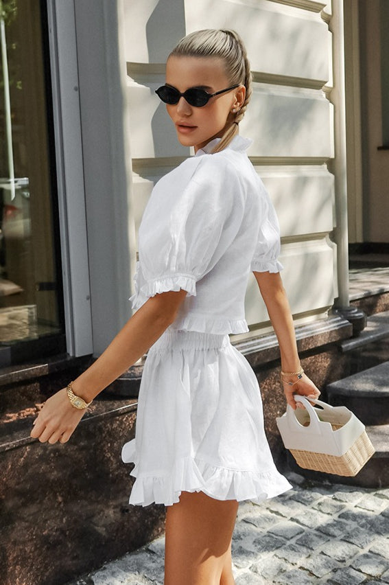 Stand Collar Puff Sleeve Ruffle Shorts Set