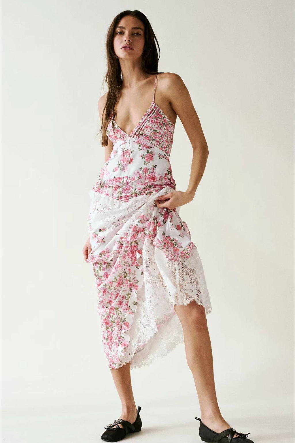 Floral Lace Panel Deep V Spaghetti Strap Maxi Dress