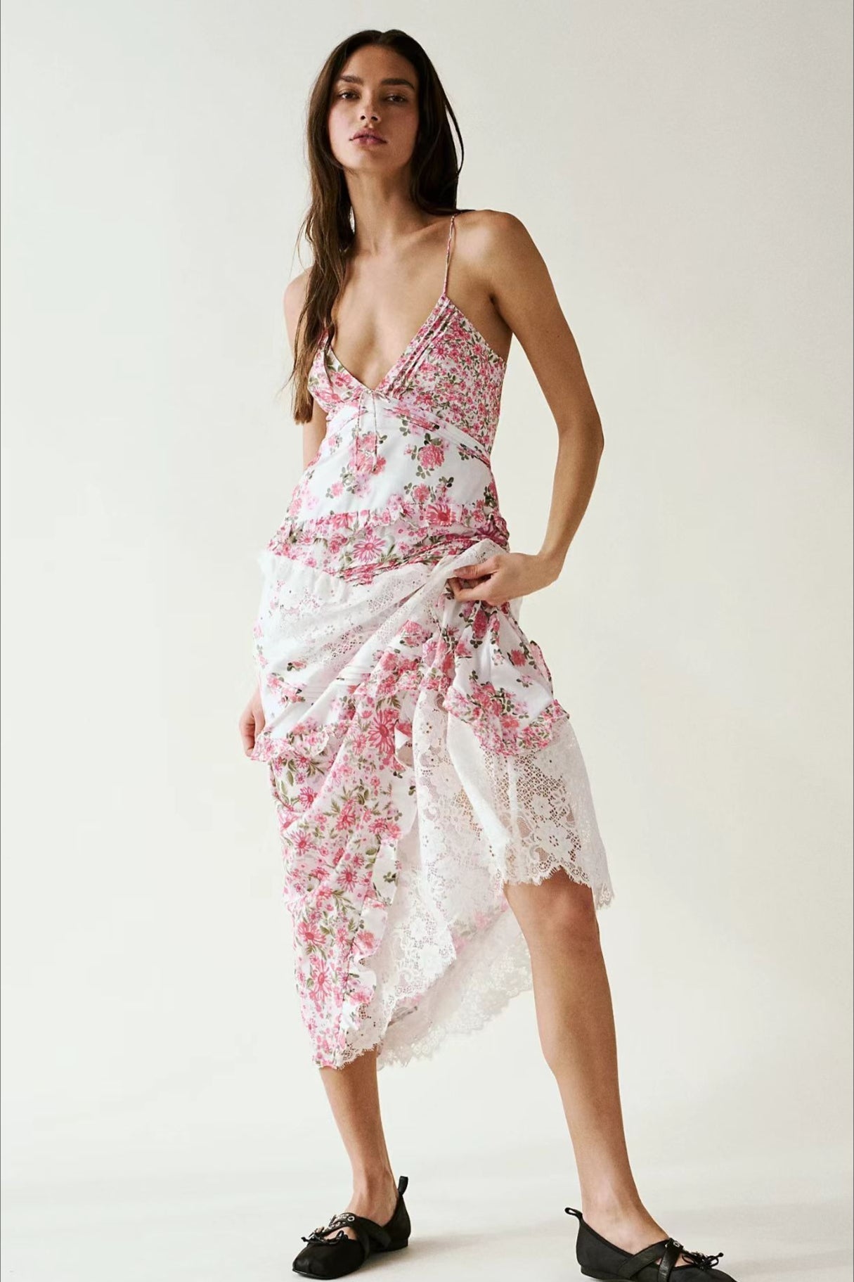 Floral Lace Panel Deep V Spaghetti Strap Maxi Dress