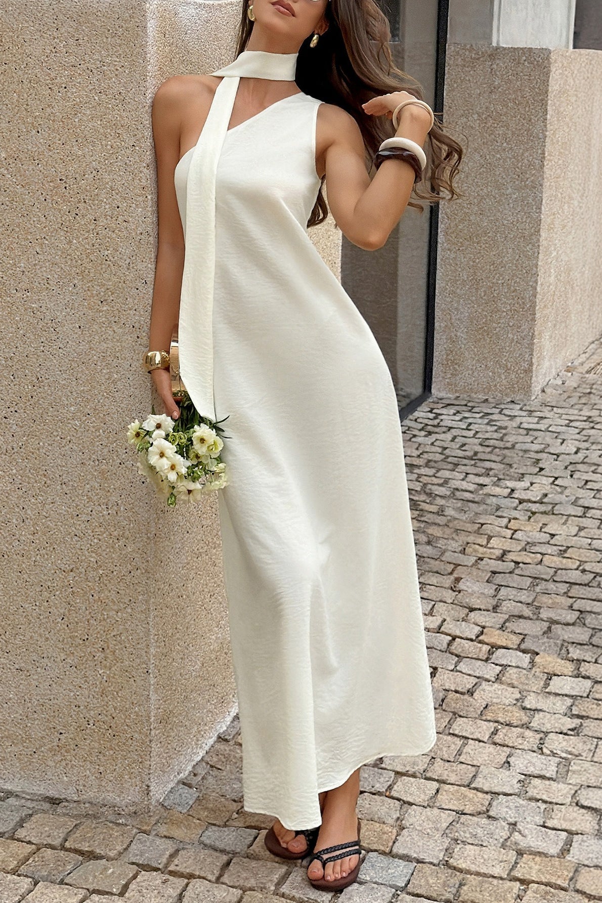 Asymmetrical Shoulder Draped Tie Detail Maxi Dress