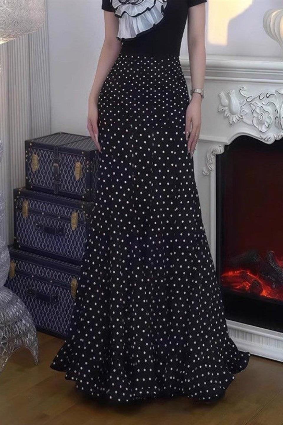 High Waist Polka Dot Bodycon Maxi Skirt