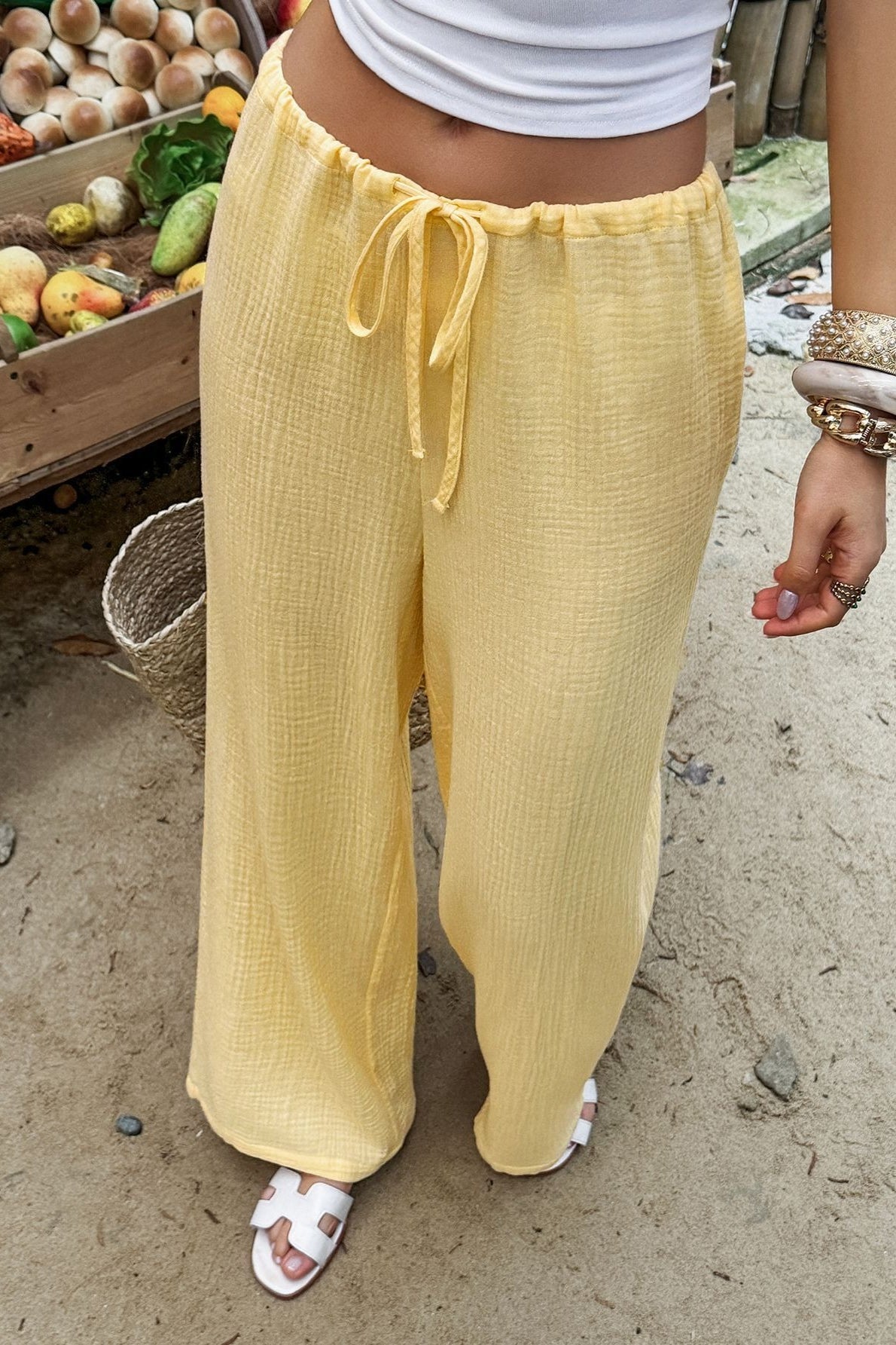 Yellow Textured High Waist Drawstring Pants
