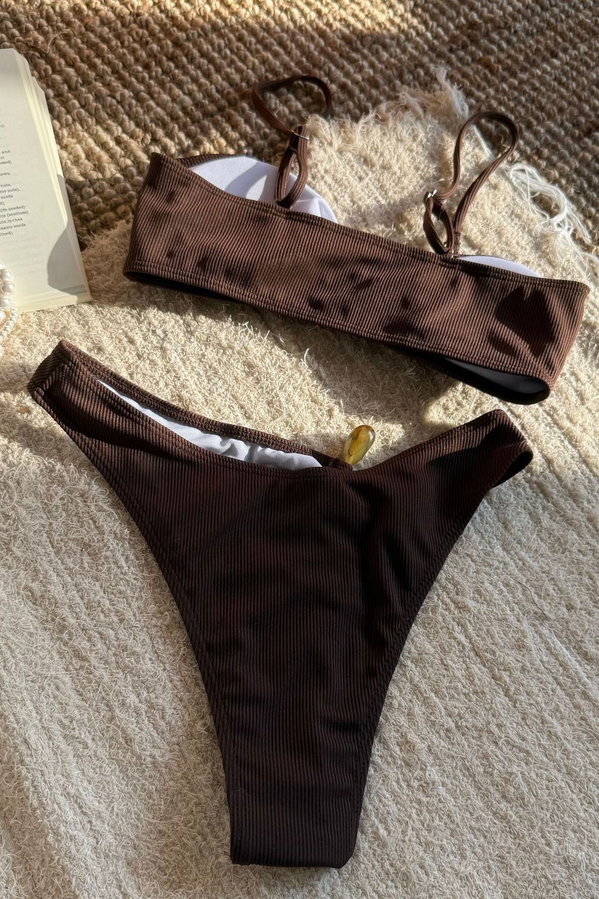 Solid Cutout Beaded Ribbed Bikini Set