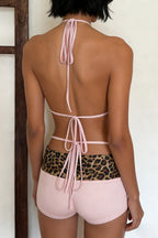 Conjunto de baño de dos piezas halter con lazo y estampado de leopardo, tiro bajo