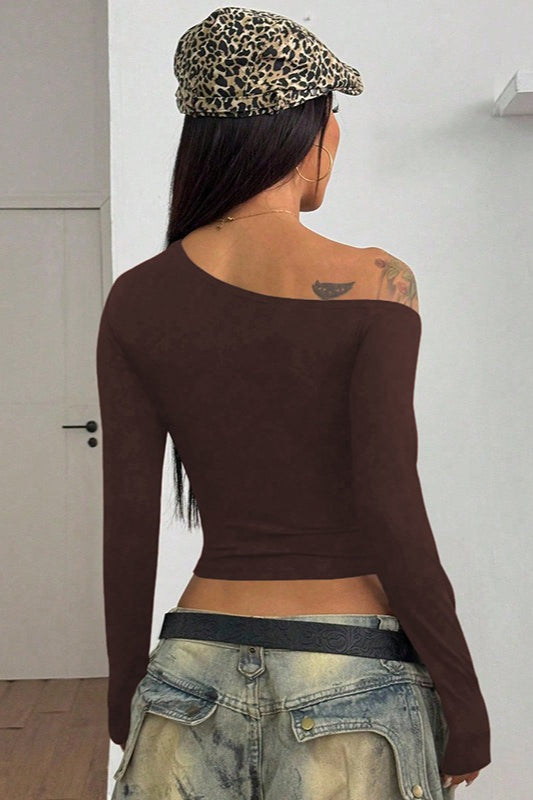 Off Shoulder Asymmetrical Neck Long Sleeve Tee