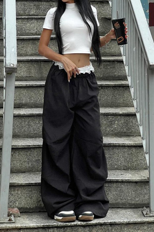 Contrast Waist Lace Trim Relaxed Long Pants