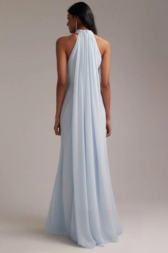 Elegante Halter Azul Claro Vestido Maxi de Fiesta