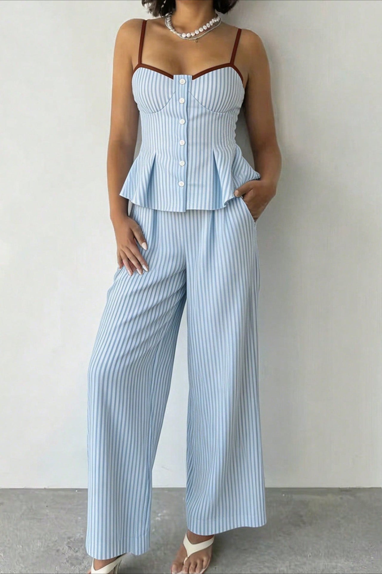 Color Block Striped Linen Blend Pants Set