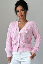 Bow Applique V Neck Button Knit Cardigan