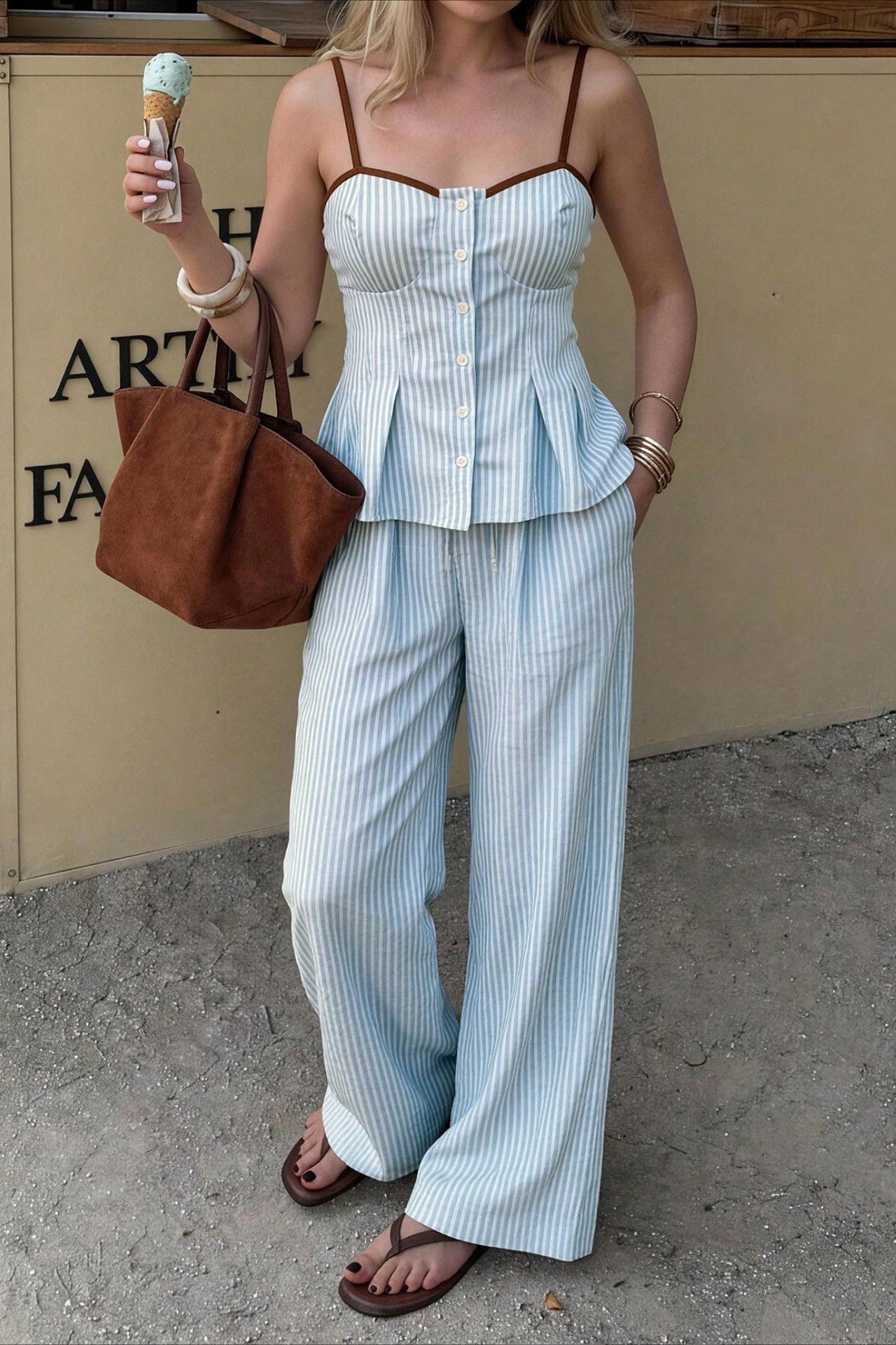 Color Block Striped Linen Blend Pants Set