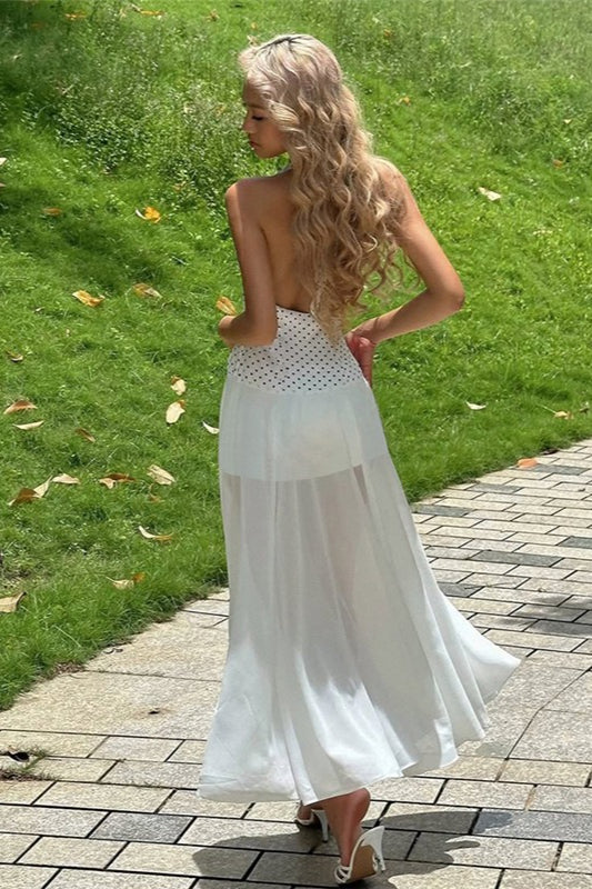 Floral Estampado Lunares Espalda Descubierta Con Lazo Vestido Maxi