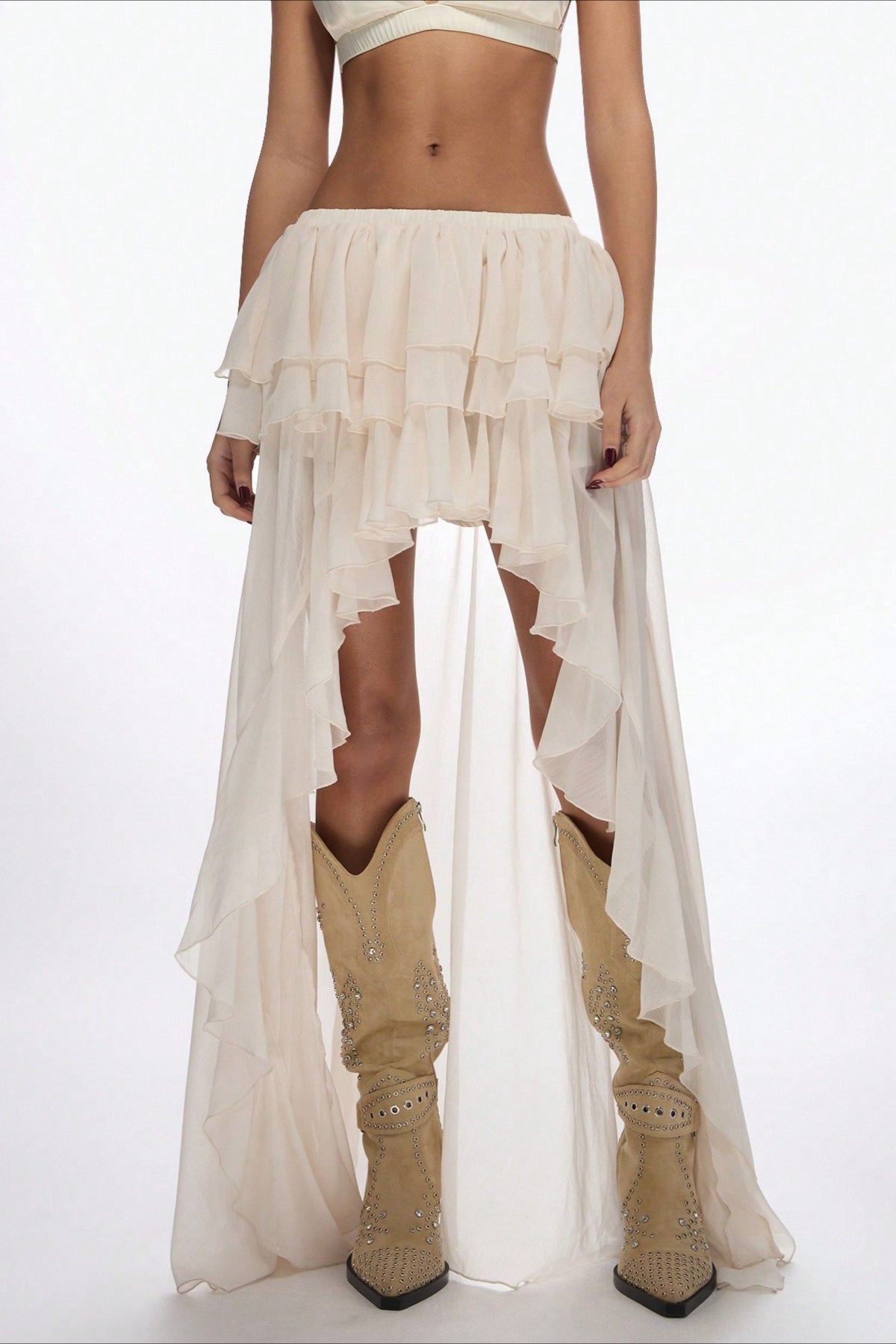 High Waist Asymmetric Tiered Chiffon Skirt
