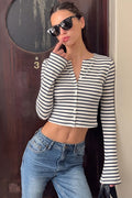 Striped Crew Neck Button Long Sleeve Tee