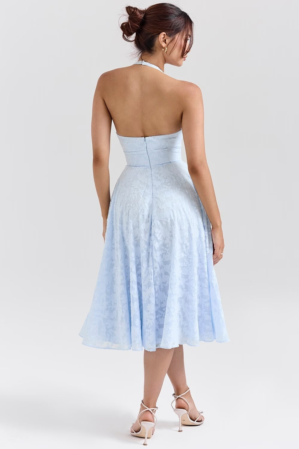Romántico Azul Halter Jacquard Vestido de Fiesta