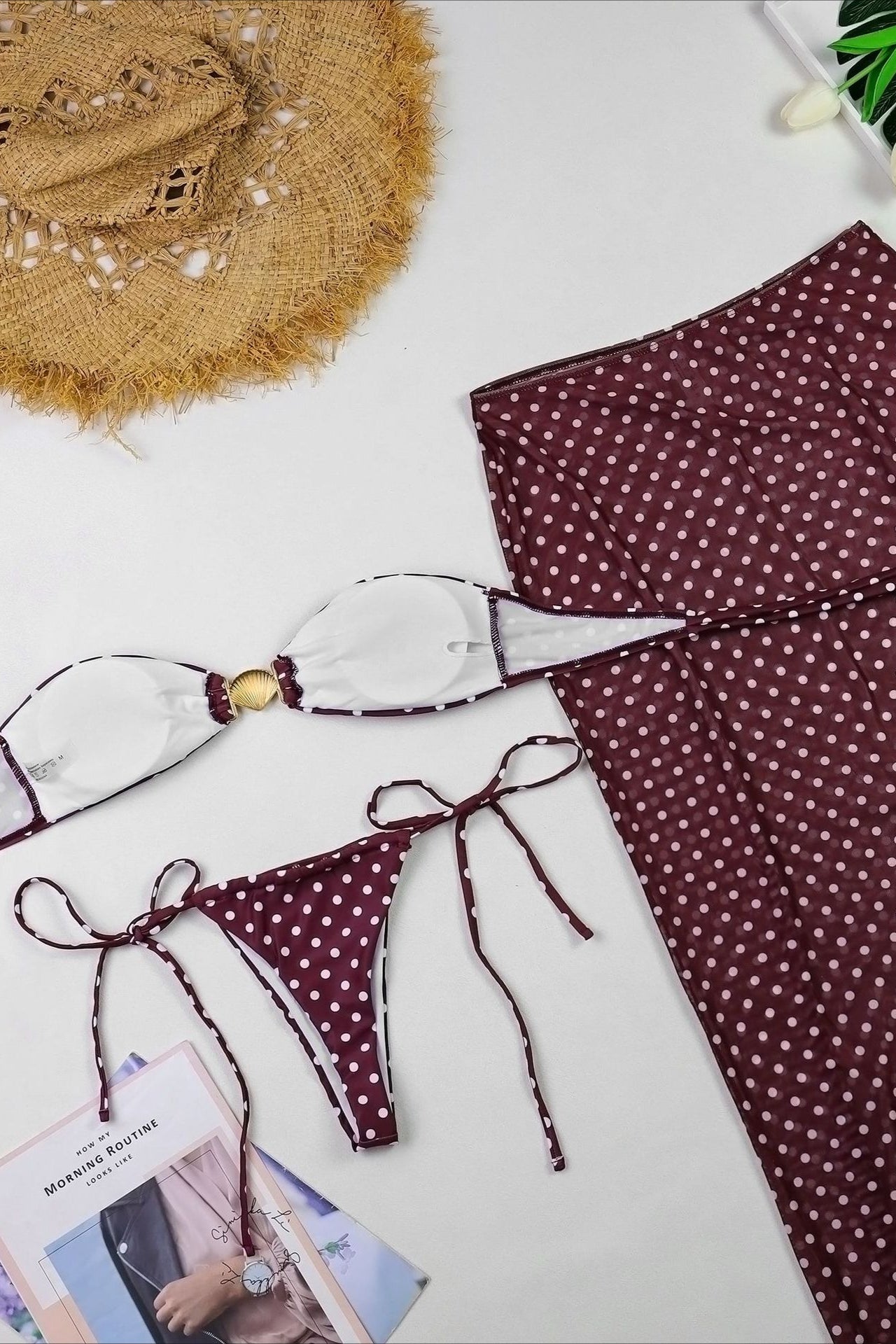 Bandeau Polka Dot Skirt Three Piece Swim Set