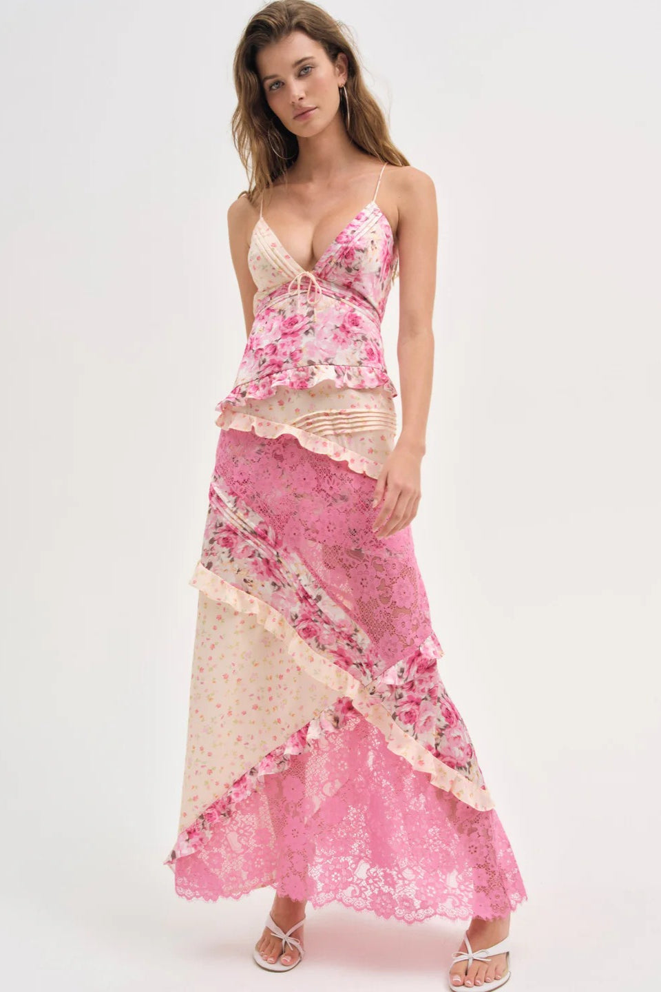 Floral Lace Panel Deep V Spaghetti Strap Maxi Dress