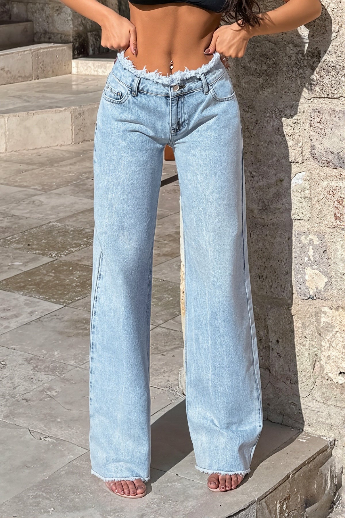Frayed Waist Straight Leg Jeans