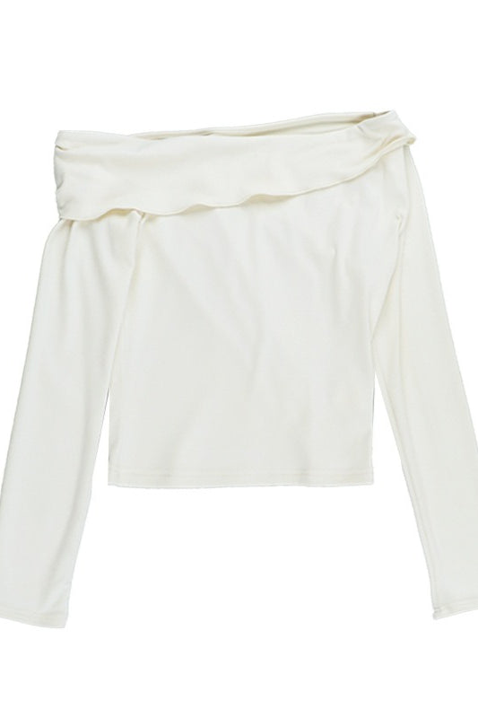 Asymmetric Foldover Off Shoulder Long Sleeve Tee