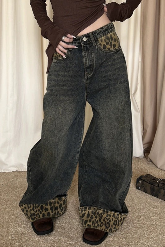 Vintage Leopard Print Cuff Relaxed Jeans