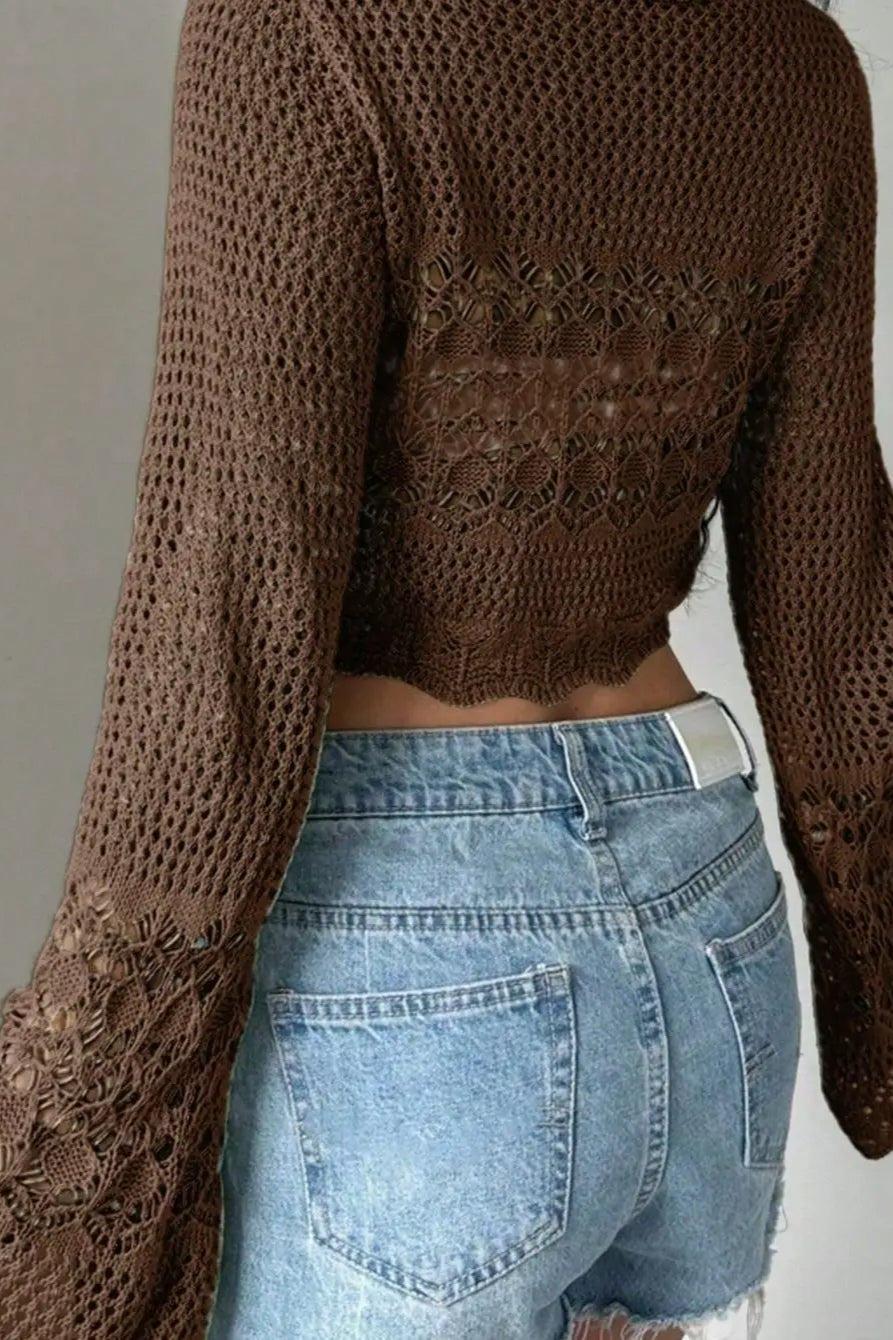 Korejpaa Y2k Clothes Ropa De Mujer Brown Hollowed Out Knitted Cardigan