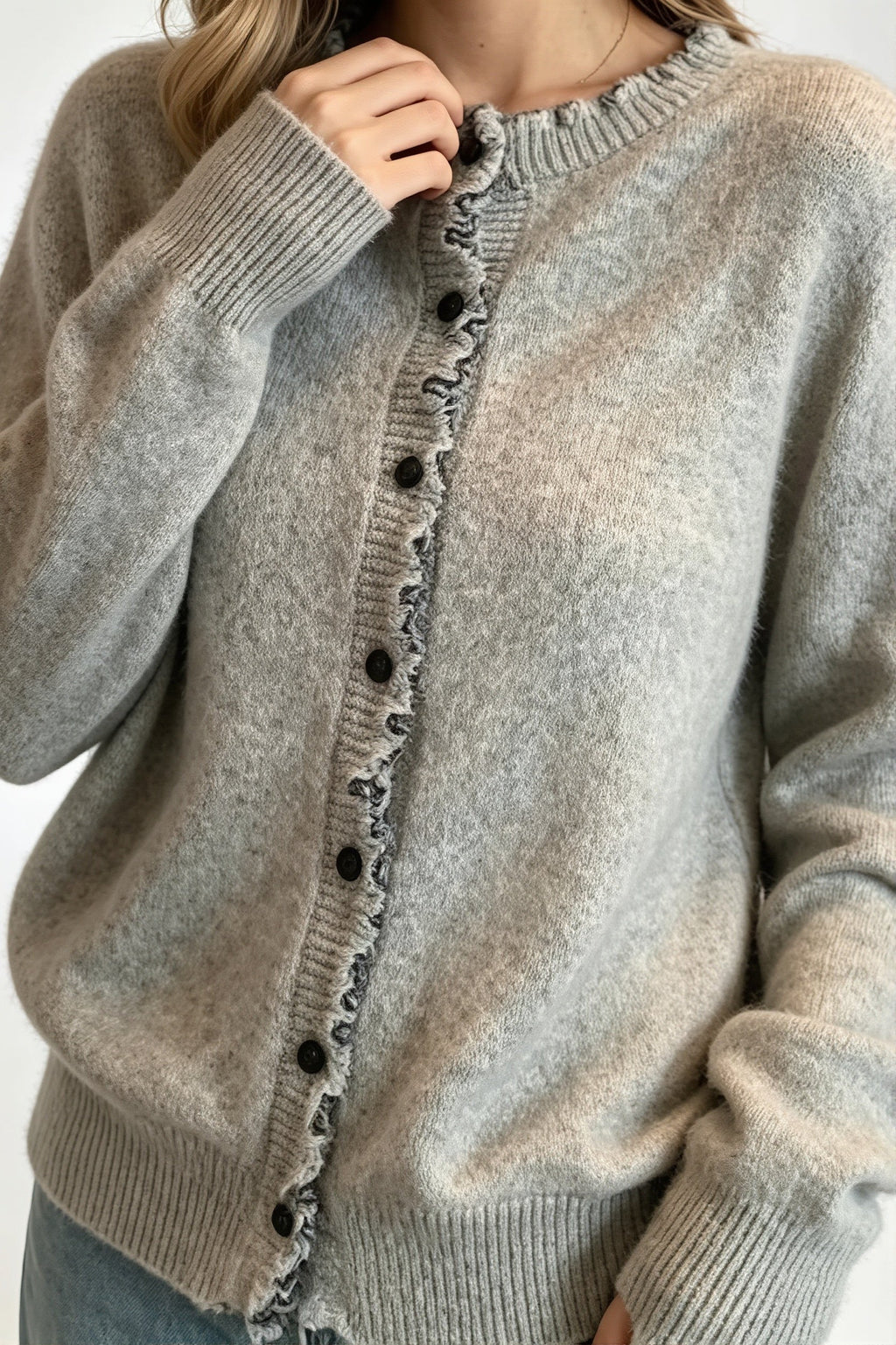 Wavy Trim Ruffle Button Cardigan