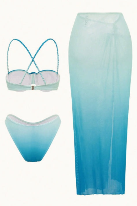 Gradient Mesh Skirt Backless Three Piece Swim Set