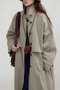 Vintage Stand Collar  Wash Long Overcoat