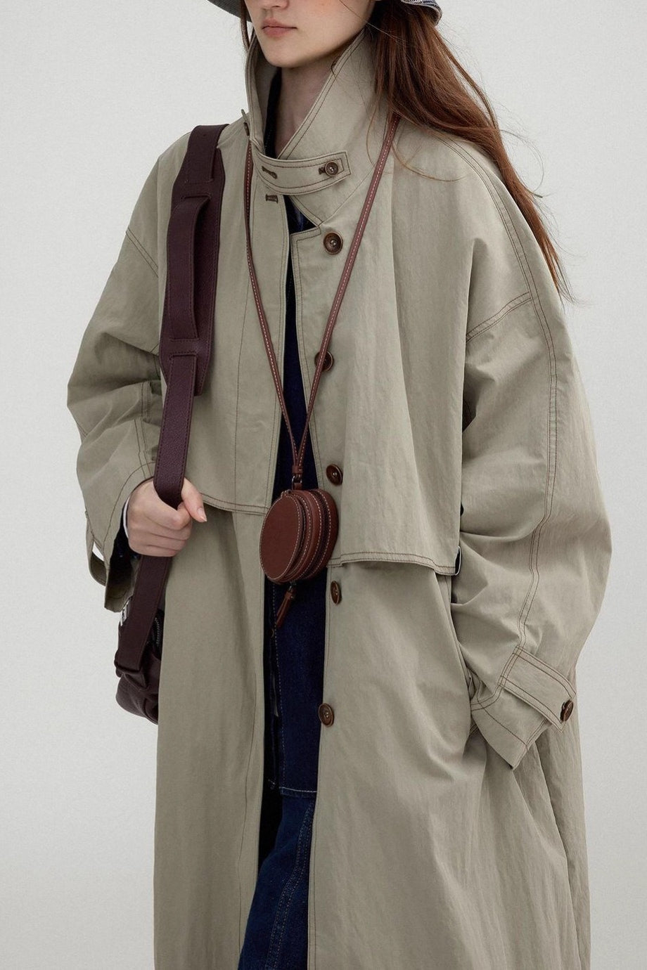 Vintage Stand Collar  Wash Long Overcoat