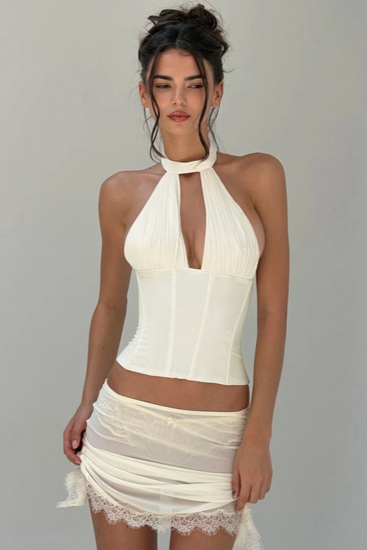 Leopard Print Hollow Out Backless Tie Halter Top