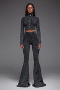 Sexy Zip Front Crop Top Flared Pants Set