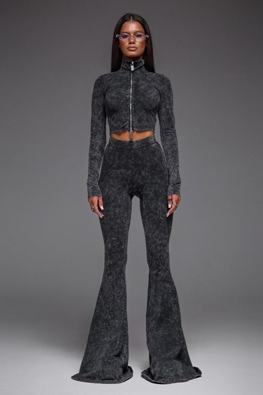 Sexy Zip Front Crop Top Flared Pants Set