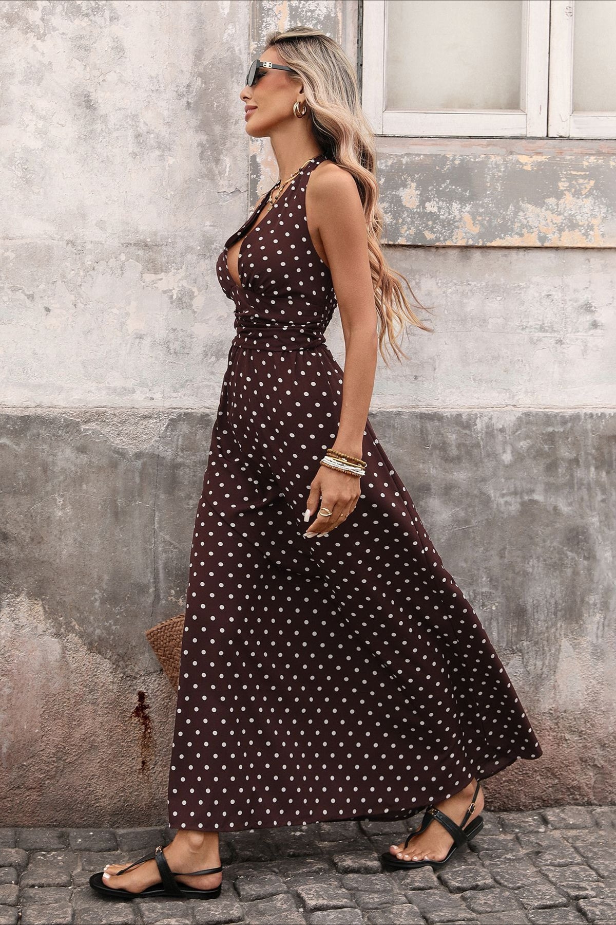 Retro Polka Dot Halter Deep V Maxi Dress
