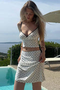 Silk Polka Dot Halter Top High Slit Pencil Skirt Set