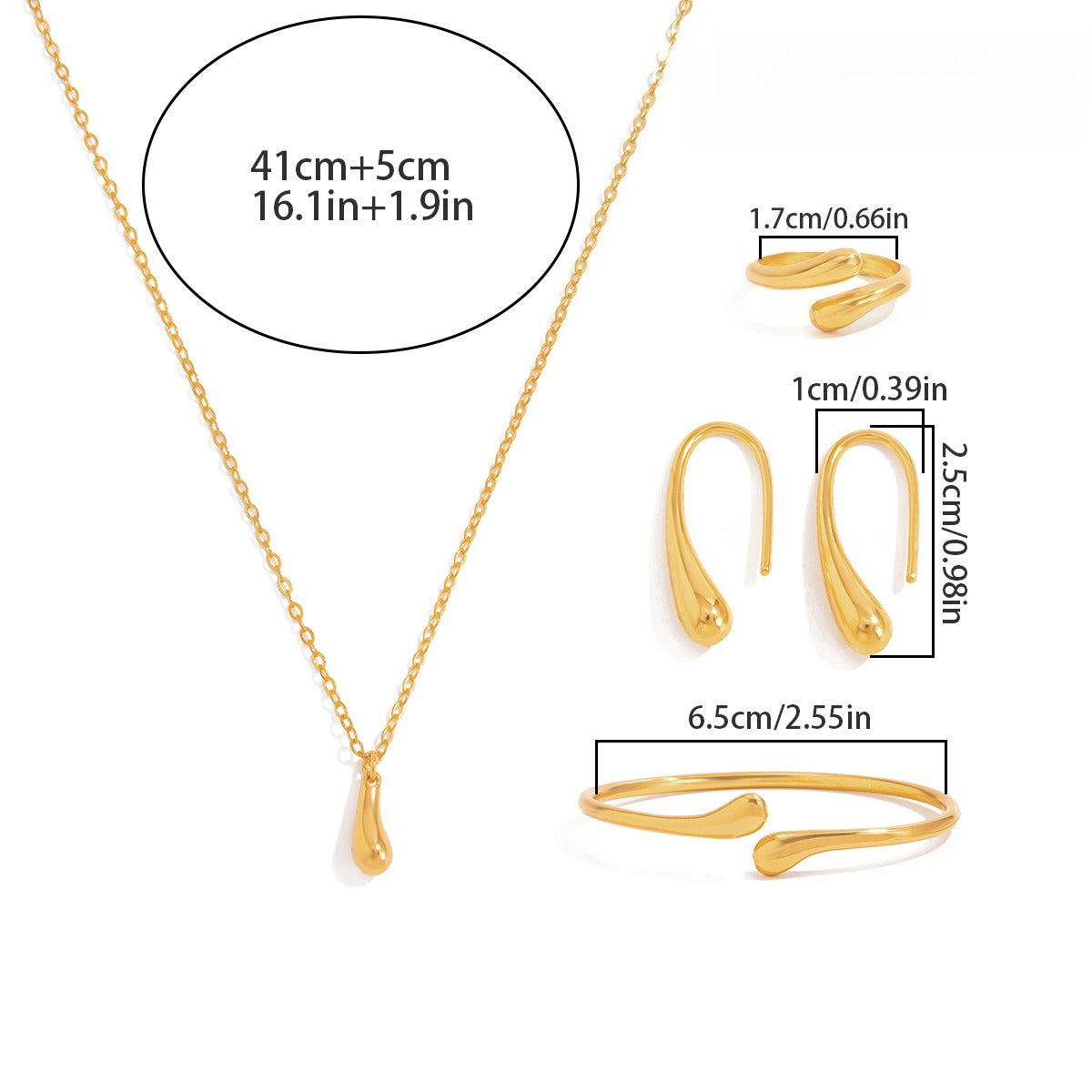 5 Pieza Lágrima Conjunto de Pulsera, Anillo, Aretes y Collar con Colgante