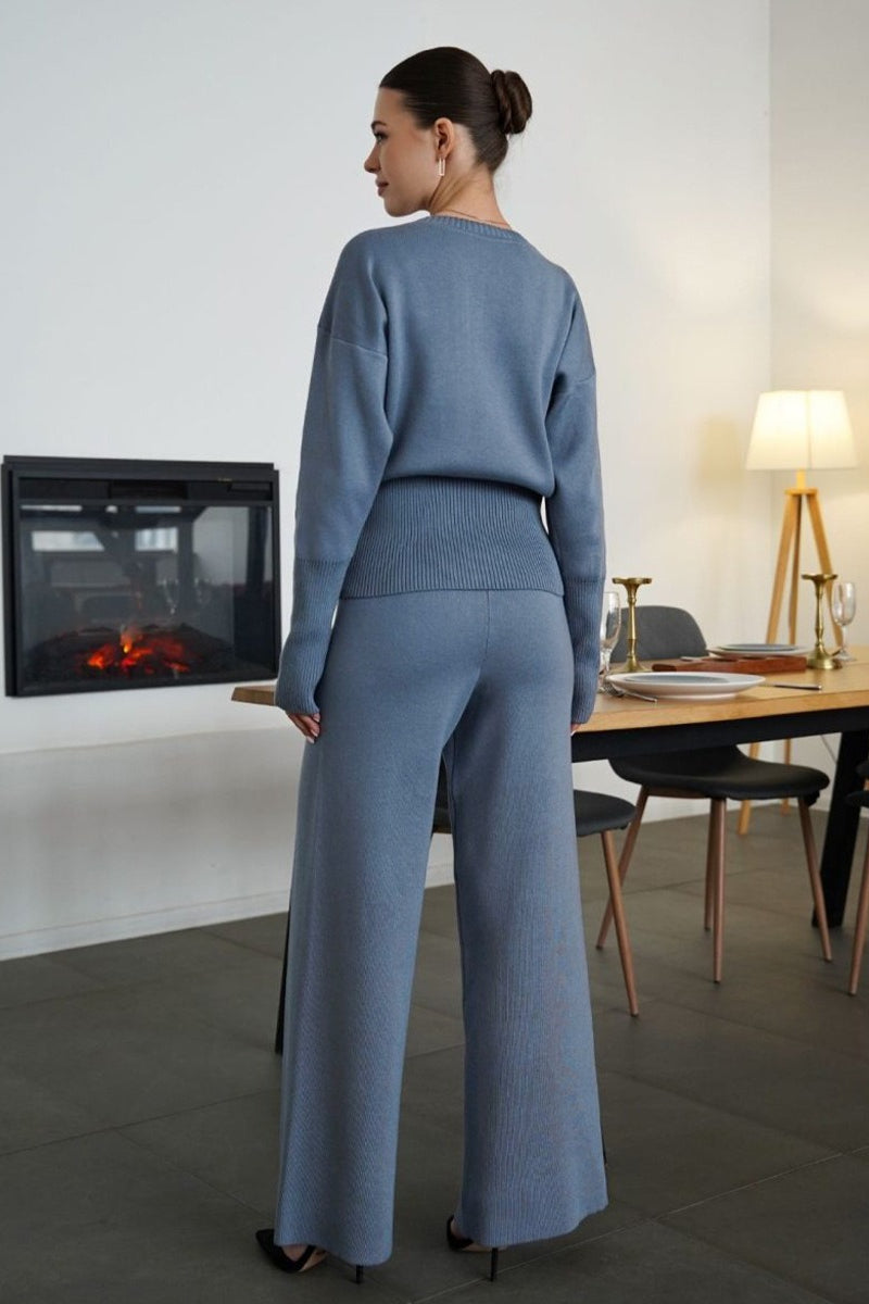 Round Neck Button Cardigan Flared Pants Knit Set