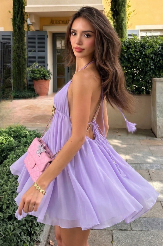 Halter V Neck Backless Metal Accent Mini Dress