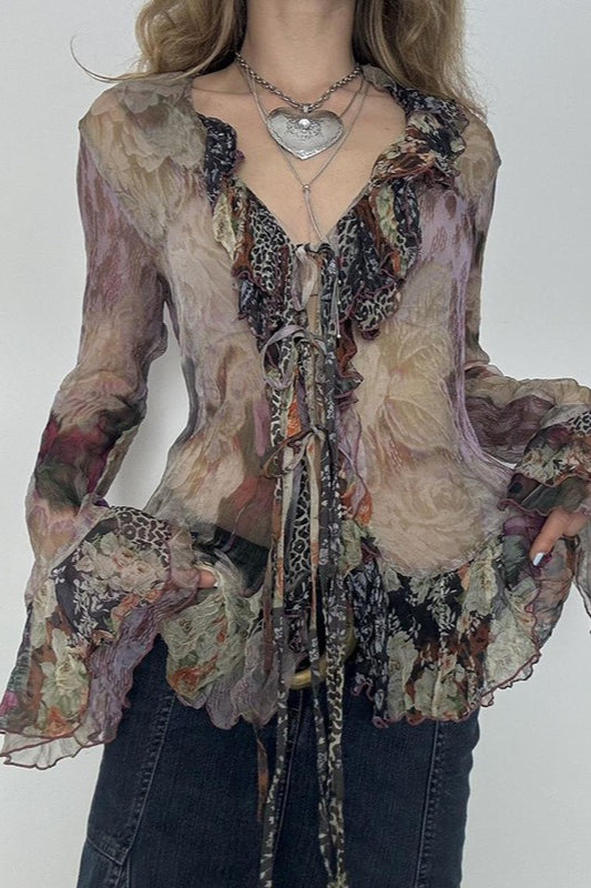 Vintage Tie Dye Ruffle Lace Up Mesh Flare Sleeve Blouse