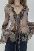 Vintage Tie Dye Ruffle Lace Up Mesh Flare Sleeve Blouse