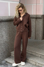 Hooded Zip Cardigan Wide Leg Pants Knit Set