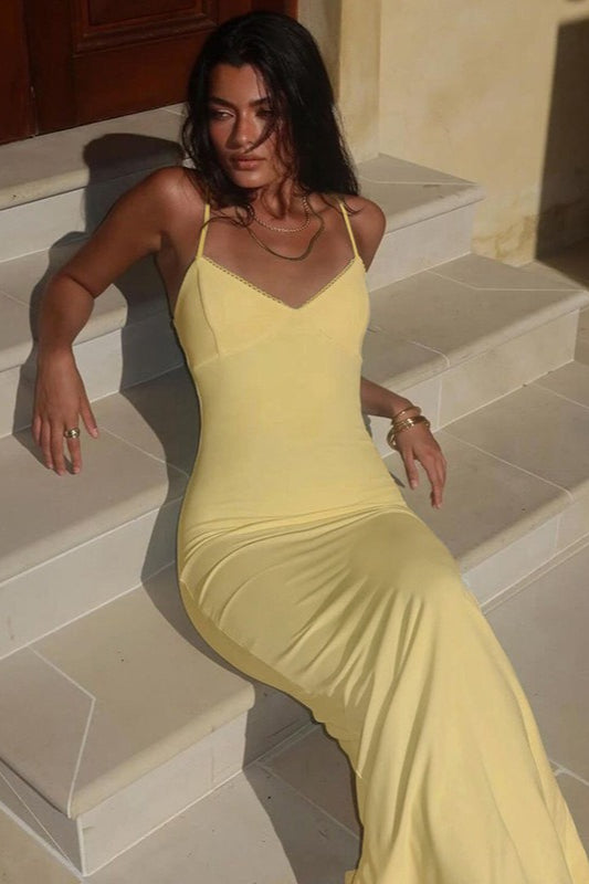 Yellow V Neck Slim Fit Vacation Dress
