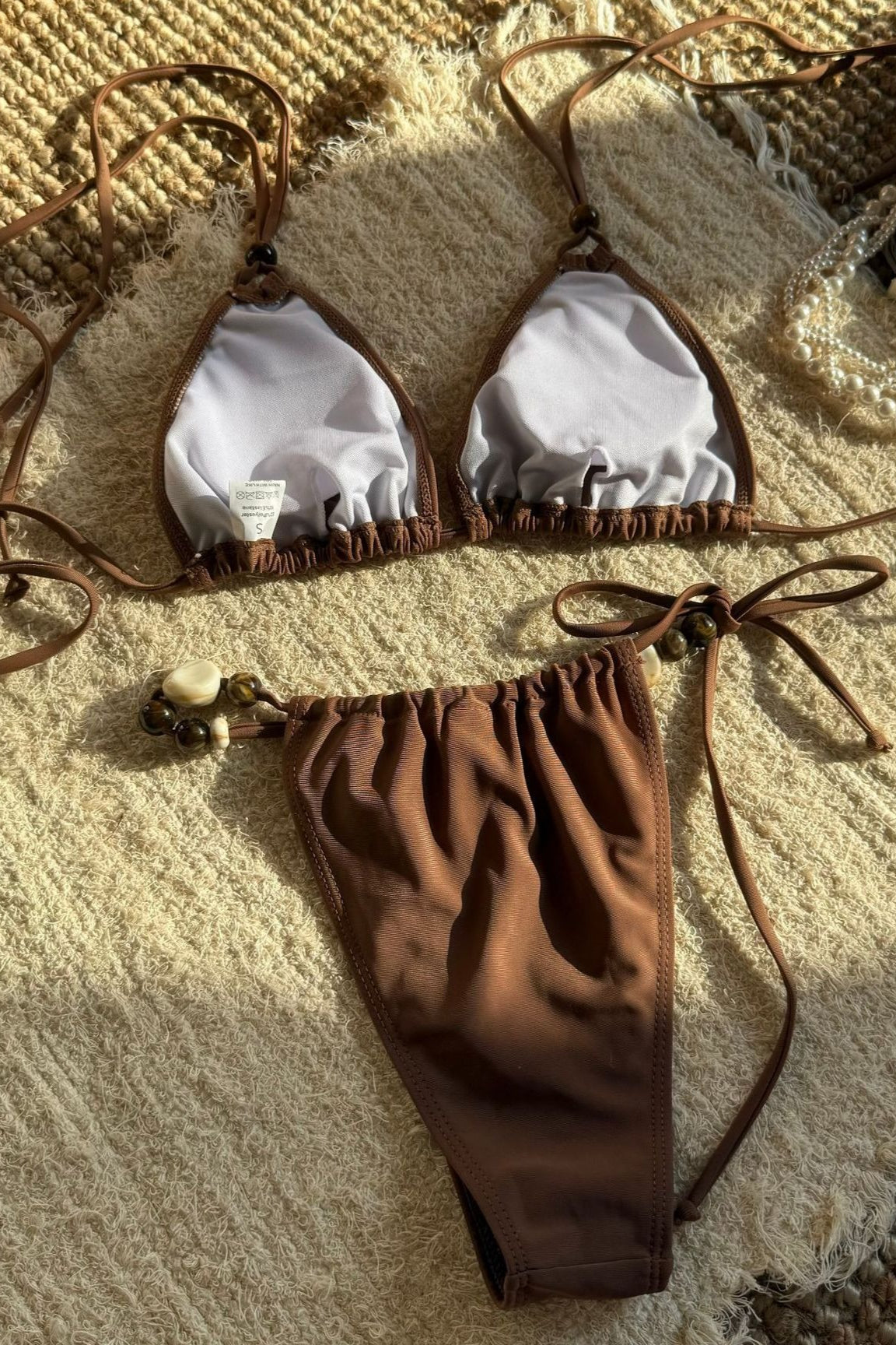 Solid Color Backless Halter Beaded Bikini Set