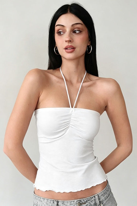 Ruched Strapless Backless Ruffle Tie Tube Top
