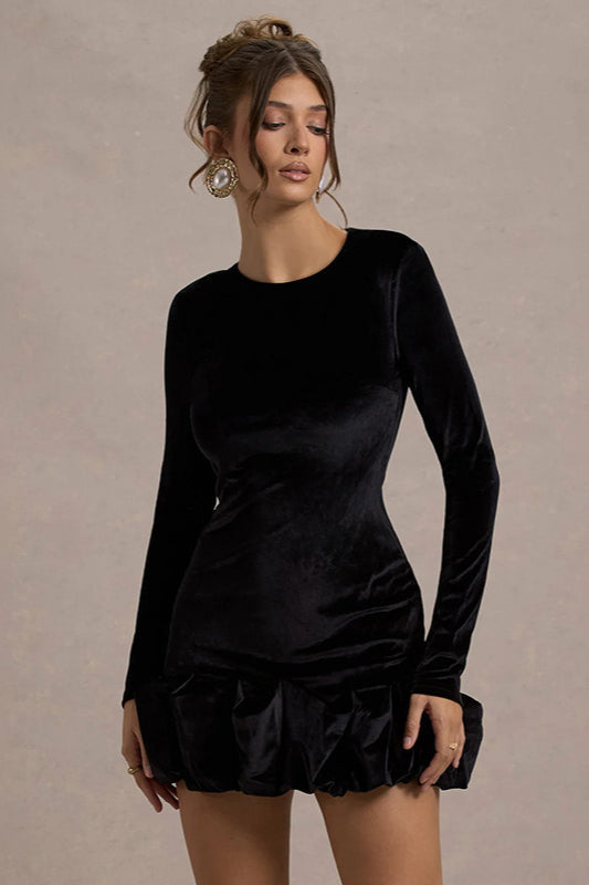 Vestido Midi de Terciopelo, Cuello Redondo, Fruncido