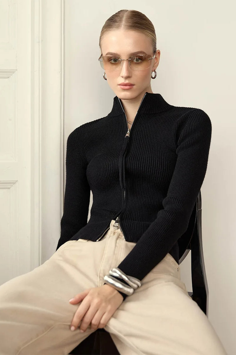 Casual Zip Front Knit Cardigan