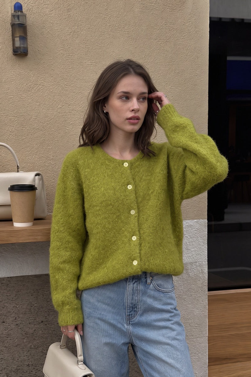Textured Crew Neck Button Up Knit Cardigan